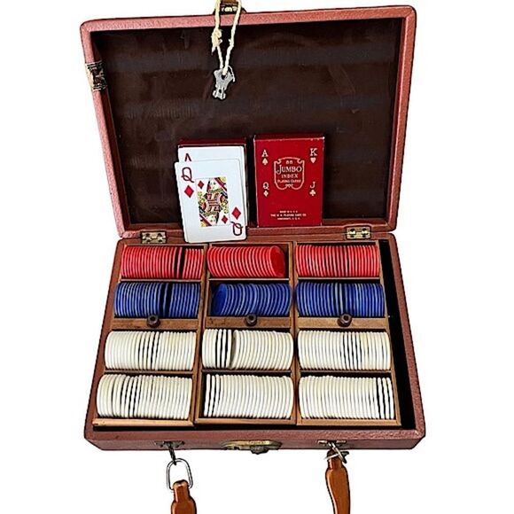 Vintage Lowe Poker Chips & Cards Set in Leather Case - Picture 2 of 16